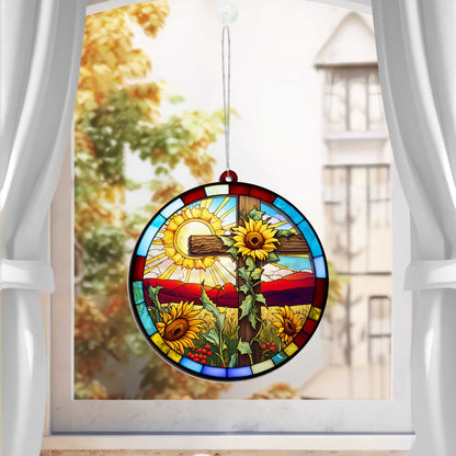Christian Cross Sunflower 2 Layered Hanging Suncatcher