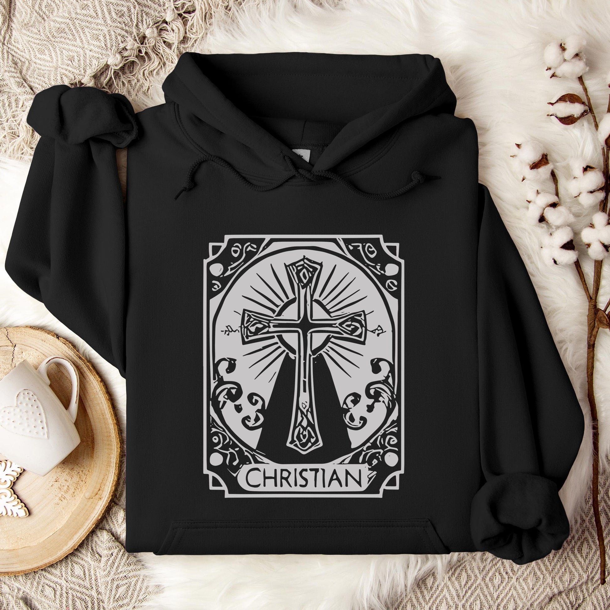 Ornate Silver Grey Cross Christian Hoodie