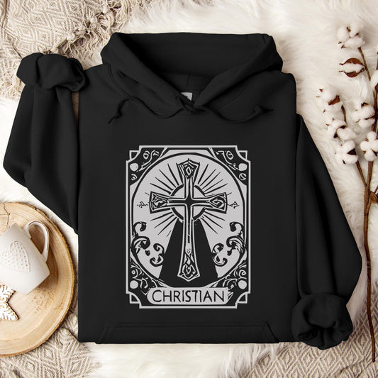 Ornate Silver Grey Cross Christian Hoodie