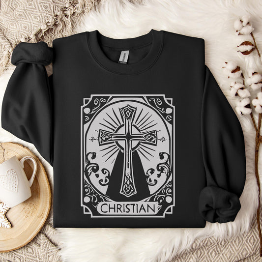 Ornate Silver Grey Cross Christian Sweatshirt