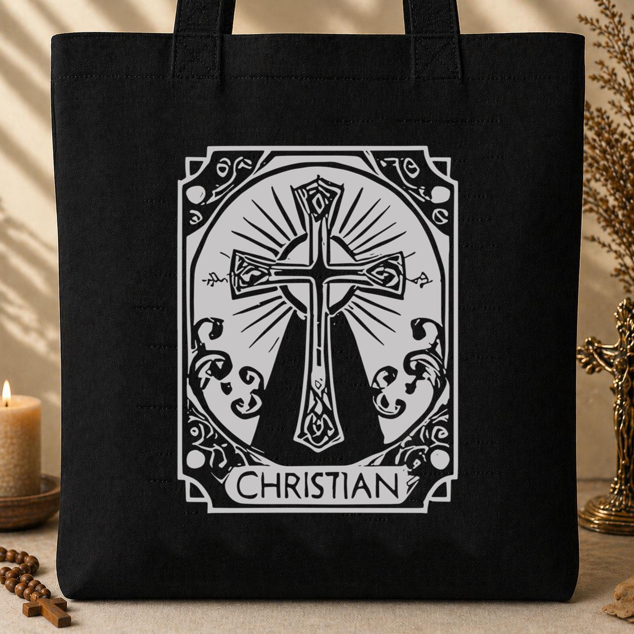Ornate Silver Grey Cross Christian Tote Bag