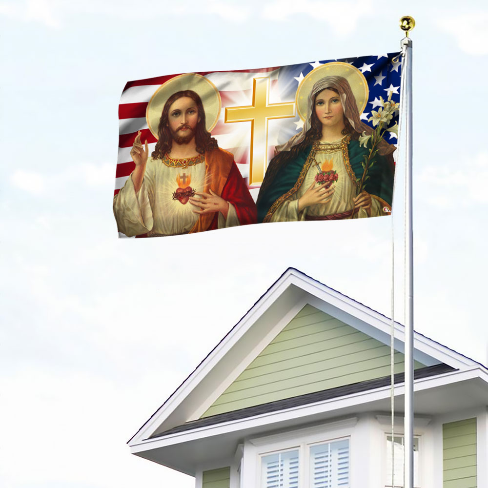 Jesus And Mary Grommet Flag Two Loving Hearts