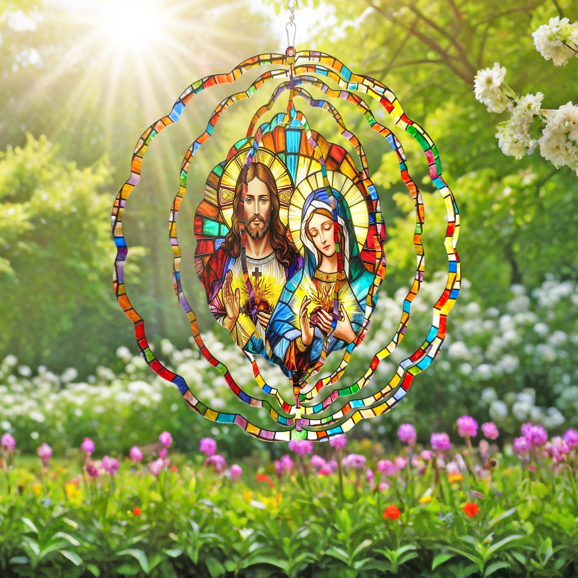 Sacred Heart of Jesus &amp; Immaculate Heart of Mary Wind Spinner 3-Day Shipping