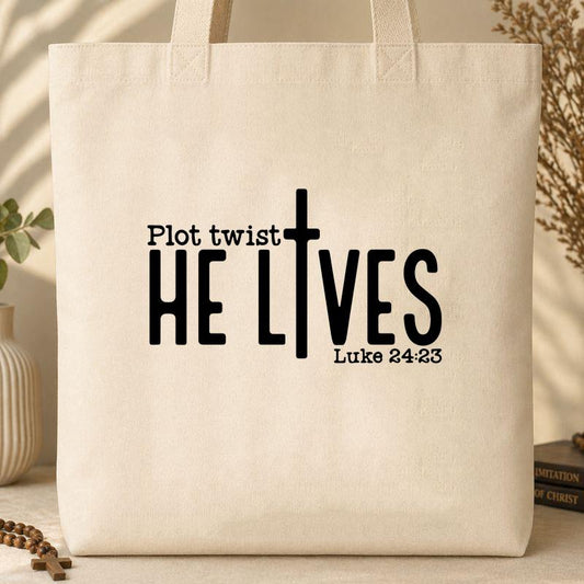 Plot Twist He Lives Luke 24.23 Tote Bag