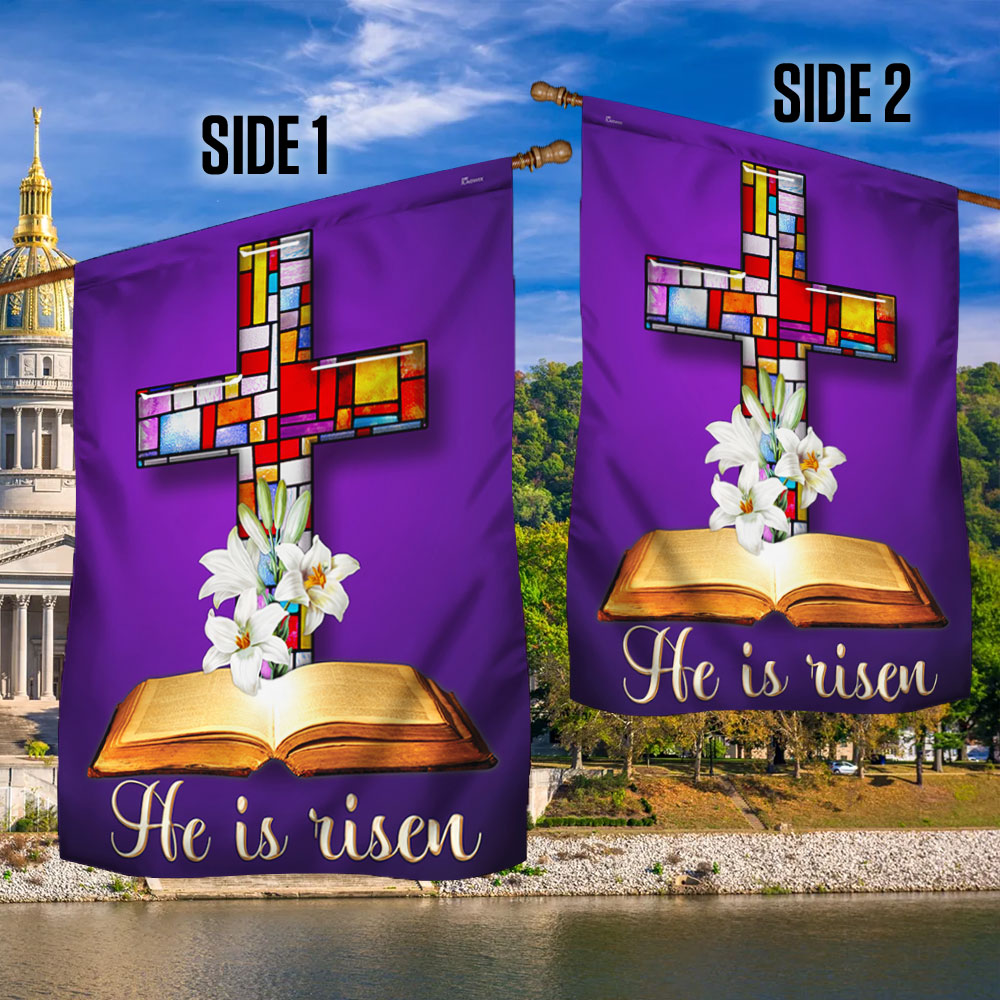 Stained Glass Christian Cross Jesus Christ Easter He Is Risen Flag