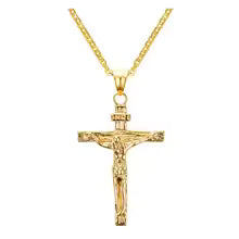 Catholic Crucifix Necklace — Gold-Tone Stainless Steel Jesus Christ Pendant for Women