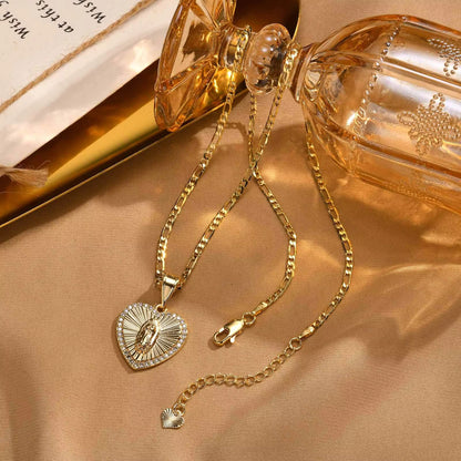 Blessed Mother Heart Pendant Necklace — Gold-Tone Stainless Steel Catholic Marian Jewelry
