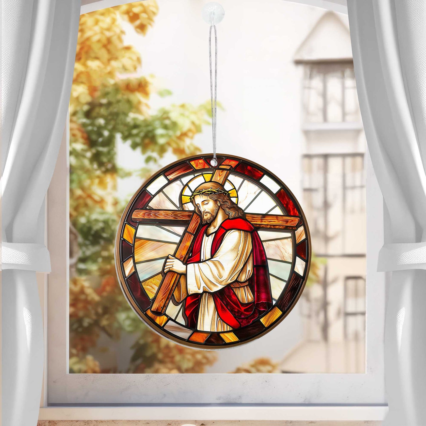 Jesus Holding A Cross 2 Layered Hanging Suncatcher