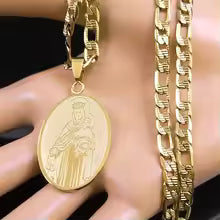 Our Lady of Mount Carmel Medal Necklace - Gold Tone Catholic Marian Pendant with Scapular