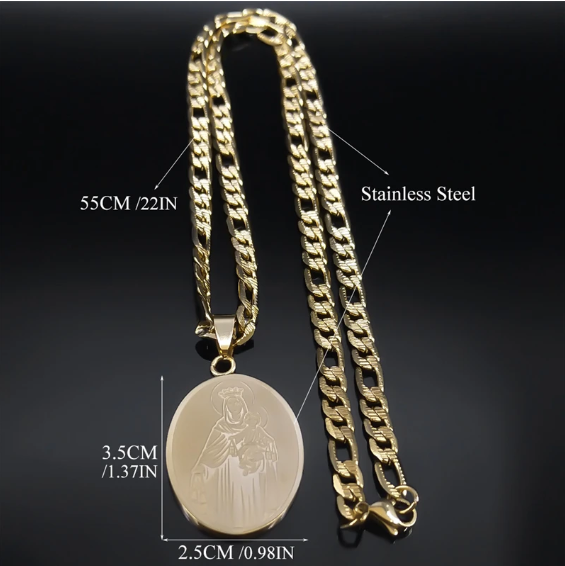 Our Lady of Mount Carmel Medal Necklace - Gold Tone Catholic Marian Pendant with Scapular