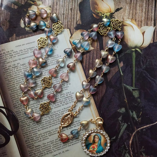 Immaculate Heart Five Decade Rosary — Pastel Heart Bead Catholic Marian Prayer Beads