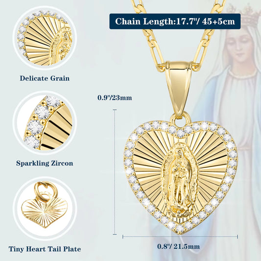 Blessed Mother Heart Pendant Necklace — Gold-Tone Stainless Steel Catholic Marian Jewelry