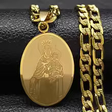 Our Lady of Mount Carmel Medal Necklace - Gold Tone Catholic Marian Pendant with Scapular