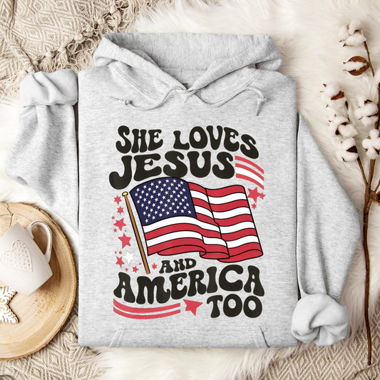 She Loves Jesus And America Too 4th Of July Flag Christian Hoodie