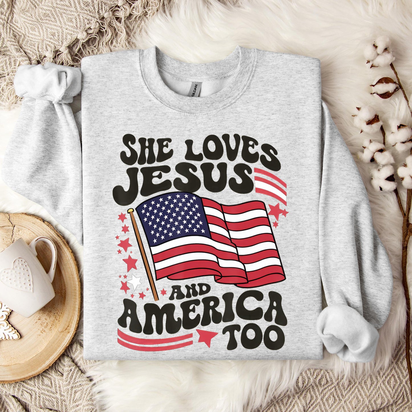She Loves Jesus And America Too 4th Of July Flag Christian Sweatshirt