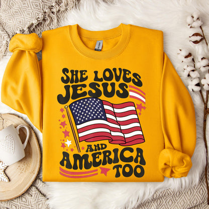She Loves Jesus And America Too 4th Of July Flag Christian Sweatshirt