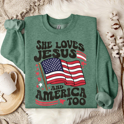 She Loves Jesus And America Too 4th Of July Flag Christian Sweatshirt