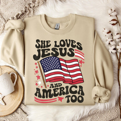 She Loves Jesus And America Too 4th Of July Flag Christian Sweatshirt