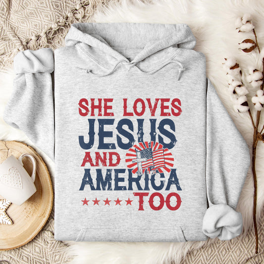 She Loves Jesus And America Too 4th Of July Patriotic Hoodie