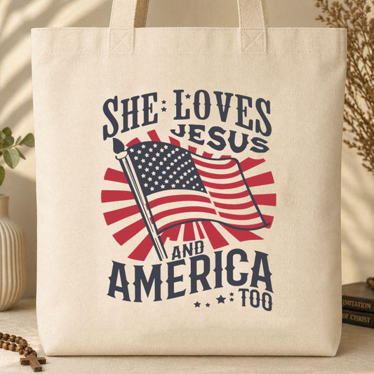 She Loves Jesus And America Too Tote Bag