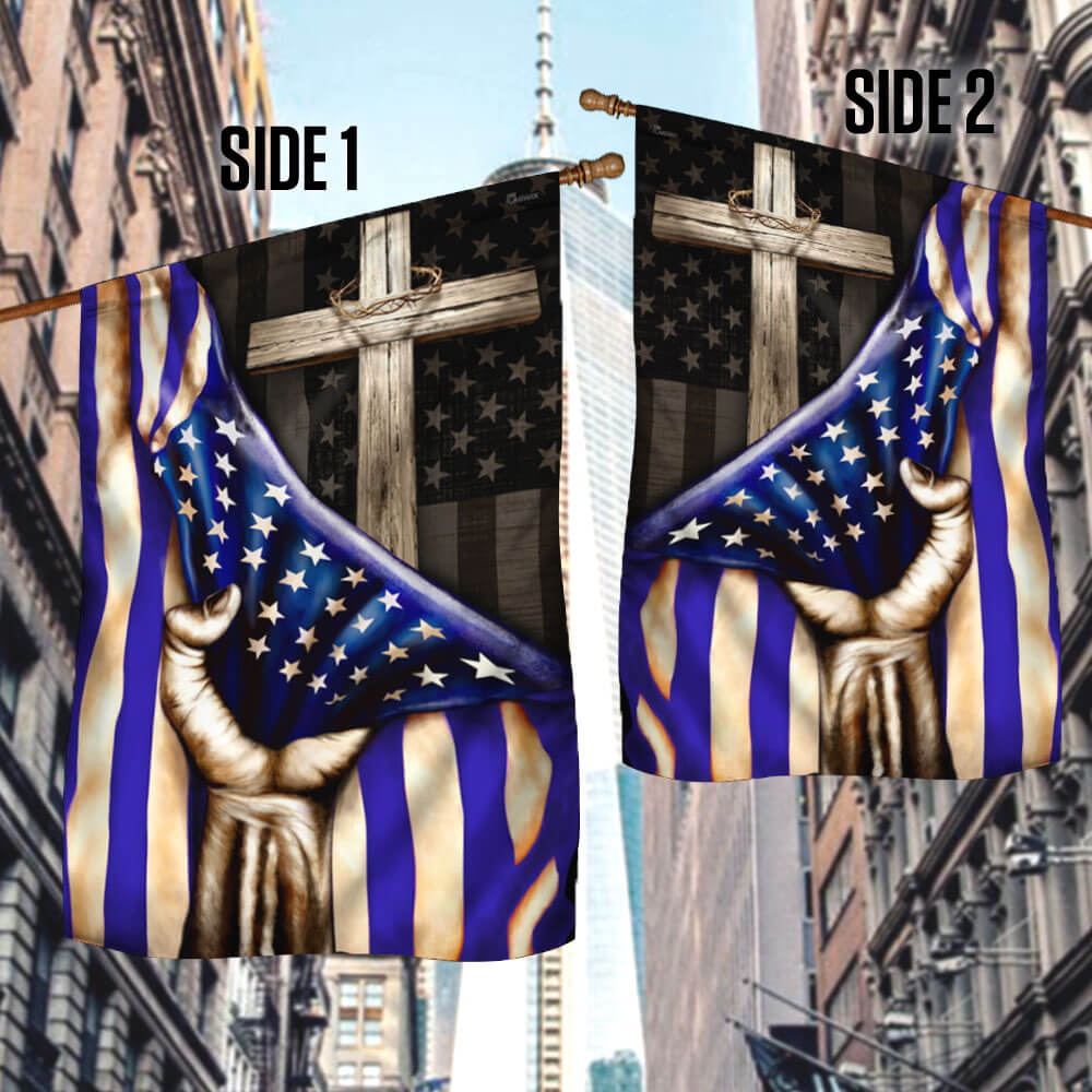 The Thin Blue Line Christian Cross. American U.S. Flag 3-Day Shipping