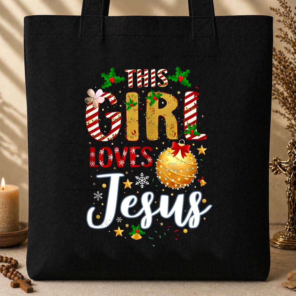 This Girl Loves Jesus Christmas Tote Bag