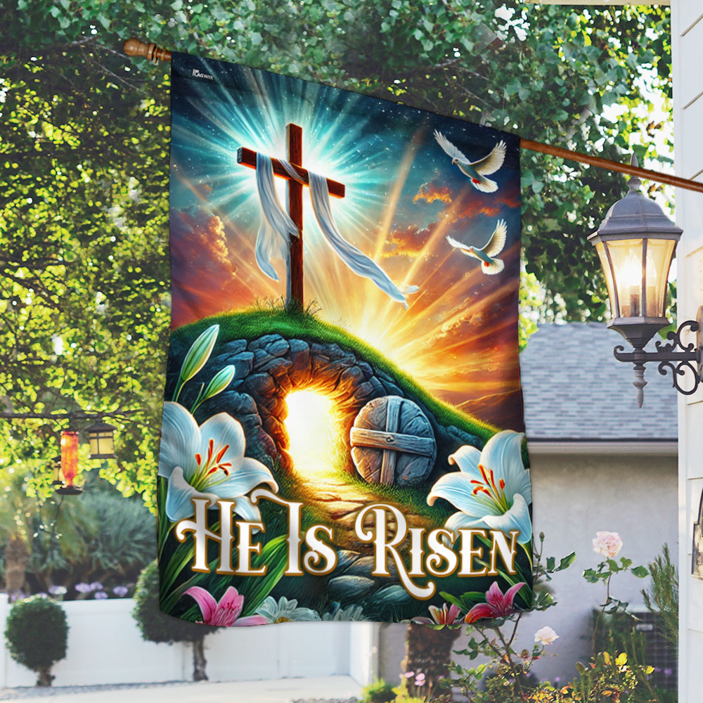 Easter Day He Is Risen Empty Tomb Christian Cross Flag