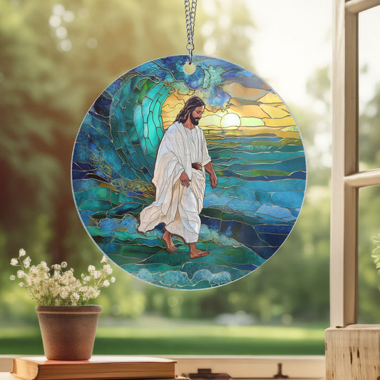 Jesus Walks on Water Suncatcher - 2-Layered Hanging Acrylic Ornament - Inspirational Gift for Faith & Home Decor 3-Day Shipping