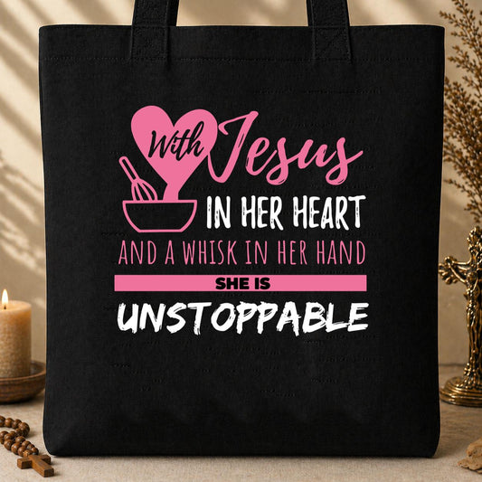 With Jesus In Her Heart And A Whisk In Her Hand She Is Unstoppable Tote Bag