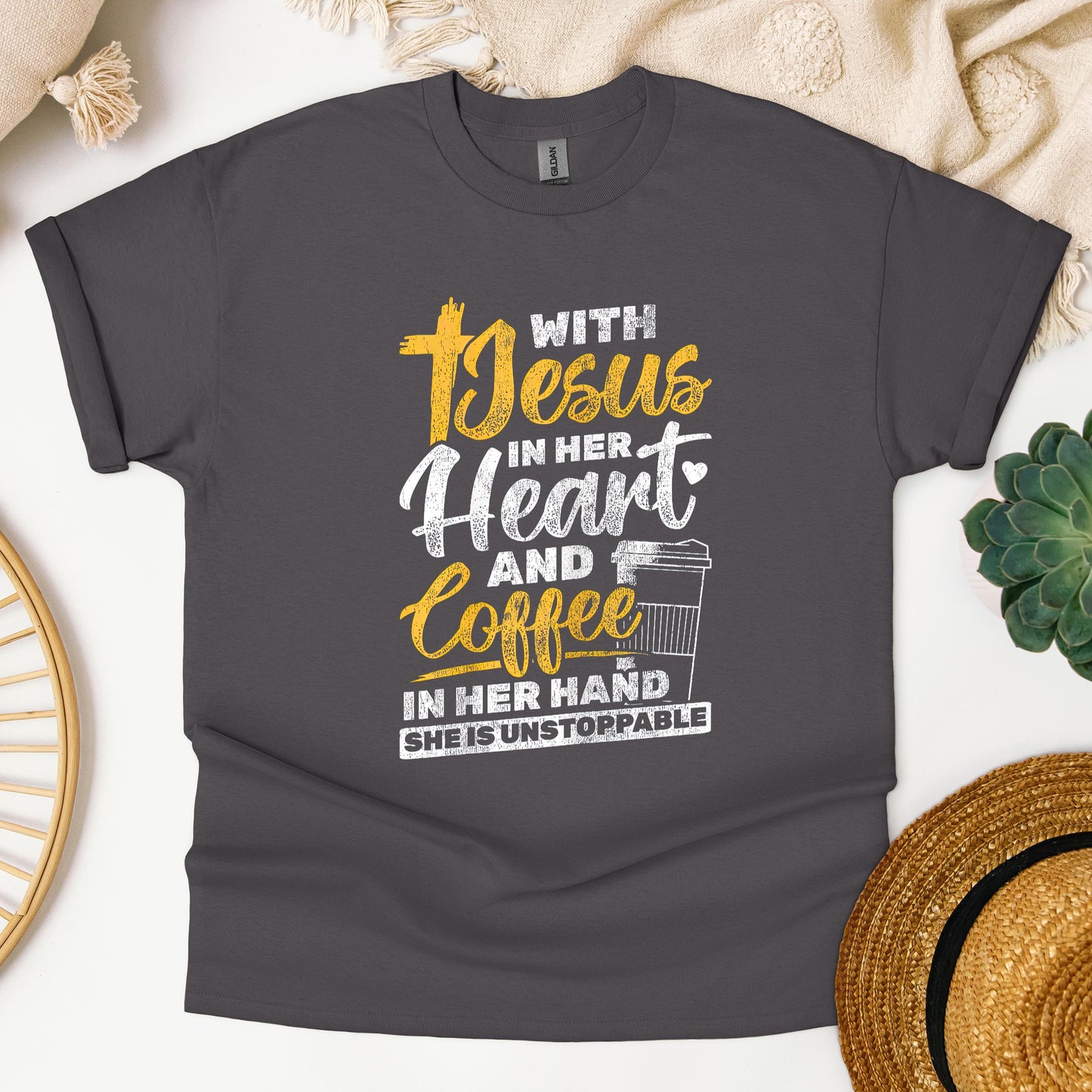 With Jesus In Her Heart And Coffee In Her Hand