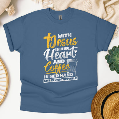 With Jesus In Her Heart And Coffee In Her Hand