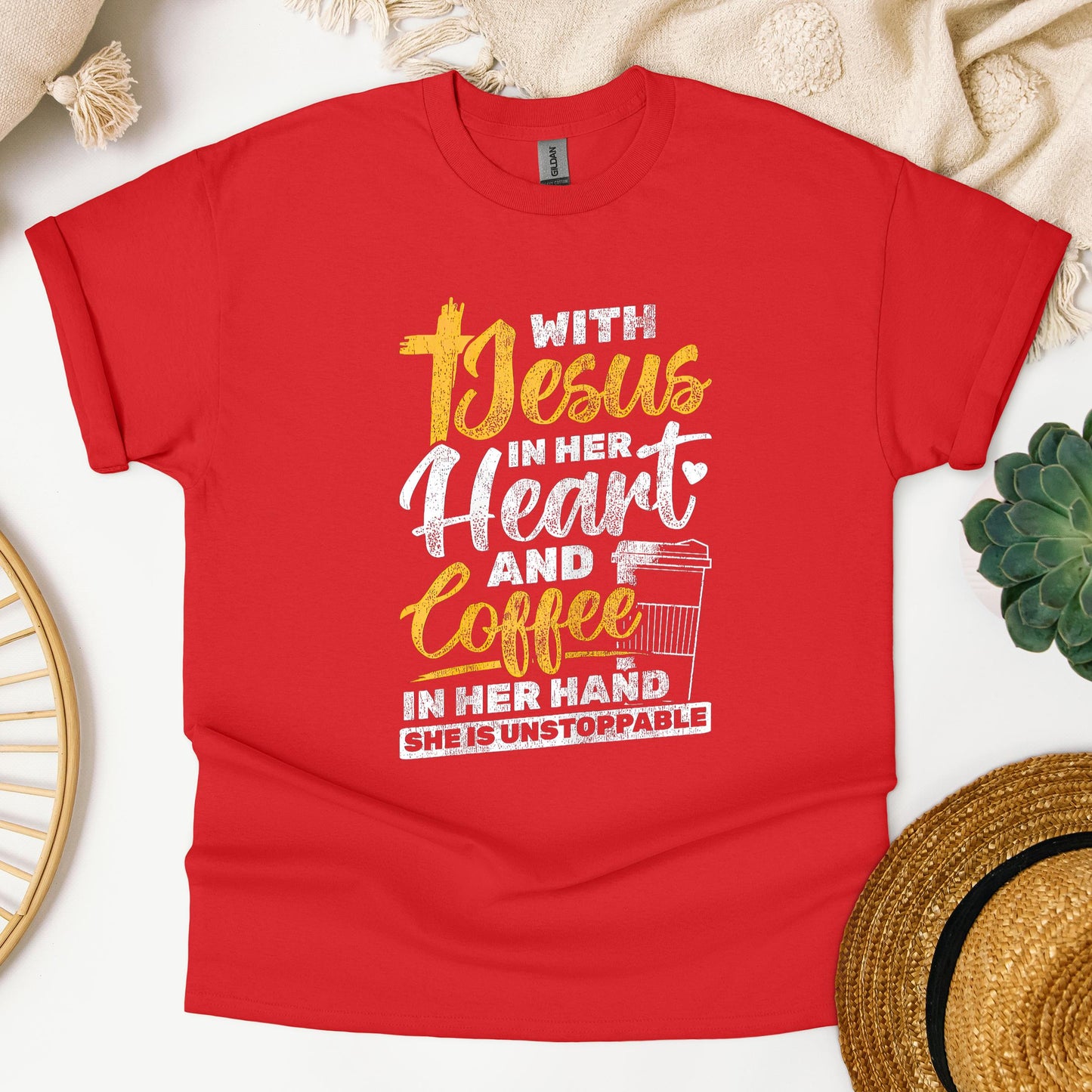With Jesus In Her Heart And Coffee In Her Hand