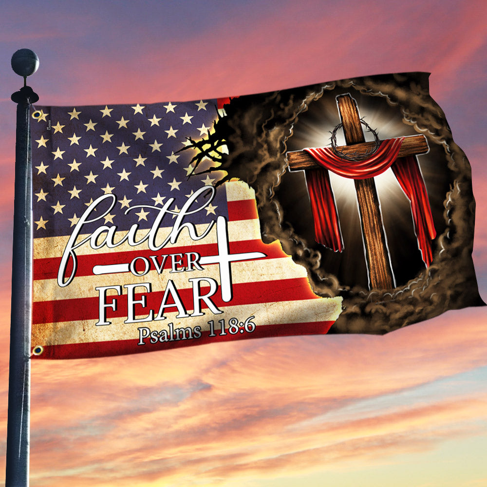 Jesus. Christian Cross. Faith Over Fear American Flag