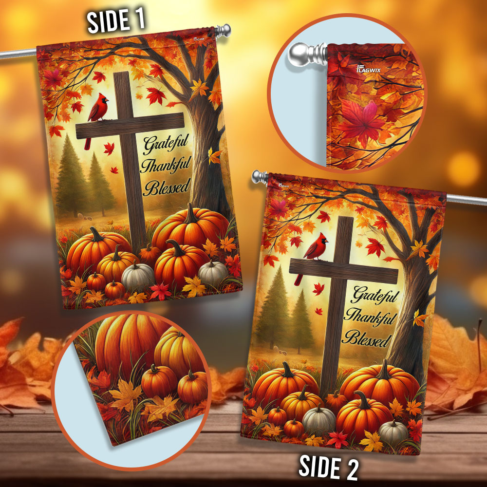 Fall Jesus Cross Grateful Thankful Blessed Thanksgiving Halloween Cardinal Flag