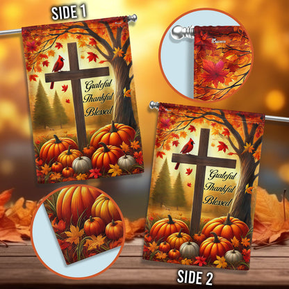 Fall Jesus Cross Grateful Thankful Blessed Thanksgiving Halloween Cardinal Flag
