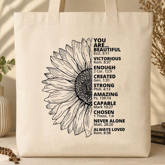 You Are Beautiful Victorious Enough Created Strong Amazing Capable Chosen Never Alone Always Loved Tote Bag
