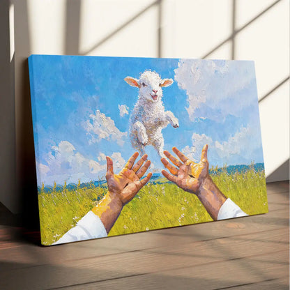 A Lamb Jumps Into Jesus' Arms Christian Wall Art Canvas