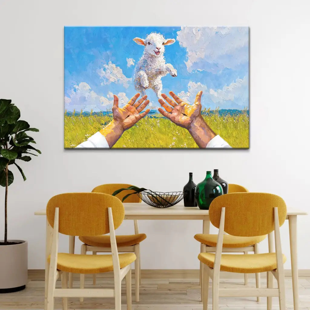 A Lamb Jumps Into Jesus' Arms Christian Wall Art Canvas
