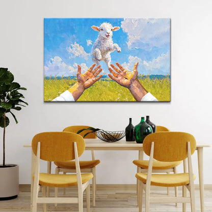 A Lamb Jumps Into Jesus' Arms Christian Wall Art Canvas