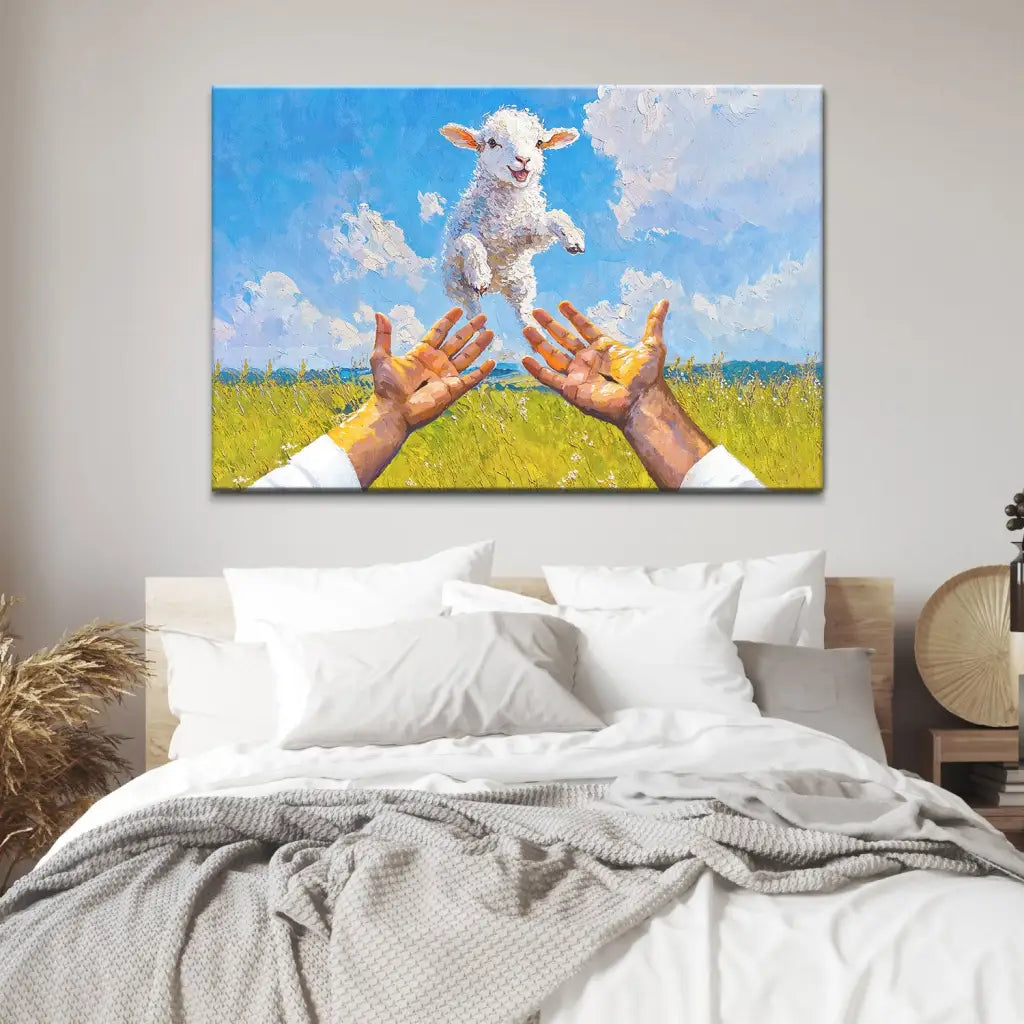 A Lamb Jumps Into Jesus' Arms Christian Wall Art Canvas