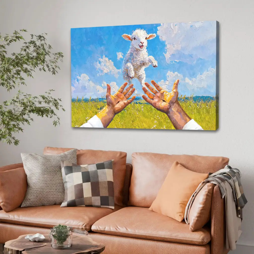 A Lamb Jumps Into Jesus' Arms Christian Wall Art Canvas
