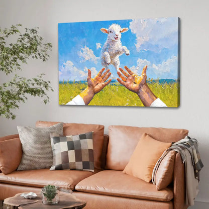 A Lamb Jumps Into Jesus' Arms Christian Wall Art Canvas