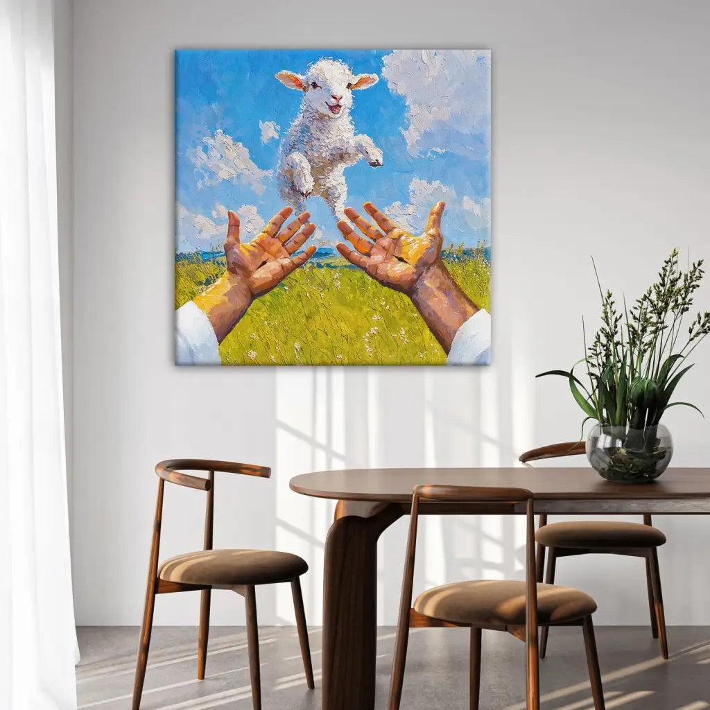 A Lamb Jumps Into Jesus' Arms Christian Wall Art Canvas