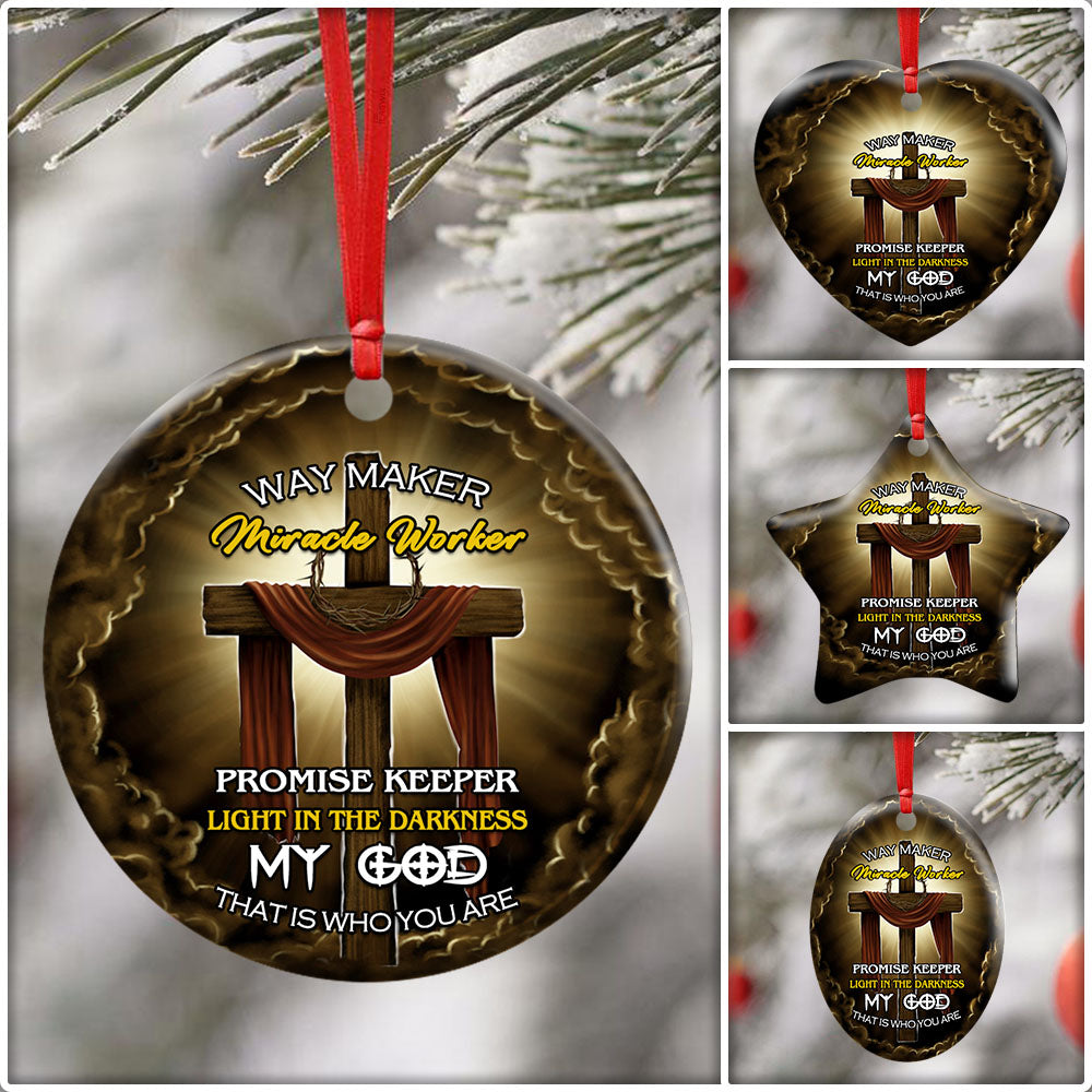 Christmas Ornament, Jesus Wooden Cross, Way Maker Miracle Worker Ceramic Ornament