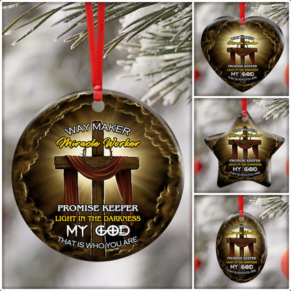 Christmas Ornament, Jesus Wooden Cross, Way Maker Miracle Worker Ceramic Ornament