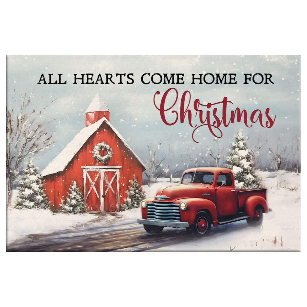 All Hearts Come Home for Christmas, Red Barn and Car, Christmas Tree, Wall Art Canvas