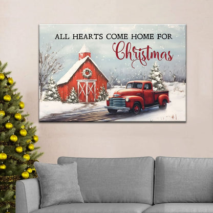 All Hearts Come Home for Christmas, Red Barn and Car, Christmas Tree, Wall Art Canvas