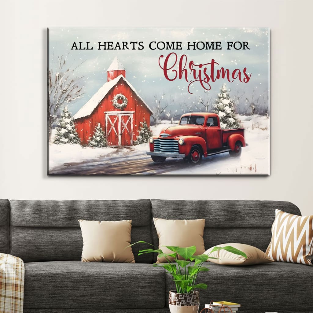 All Hearts Come Home for Christmas, Red Barn and Car, Christmas Tree, Wall Art Canvas