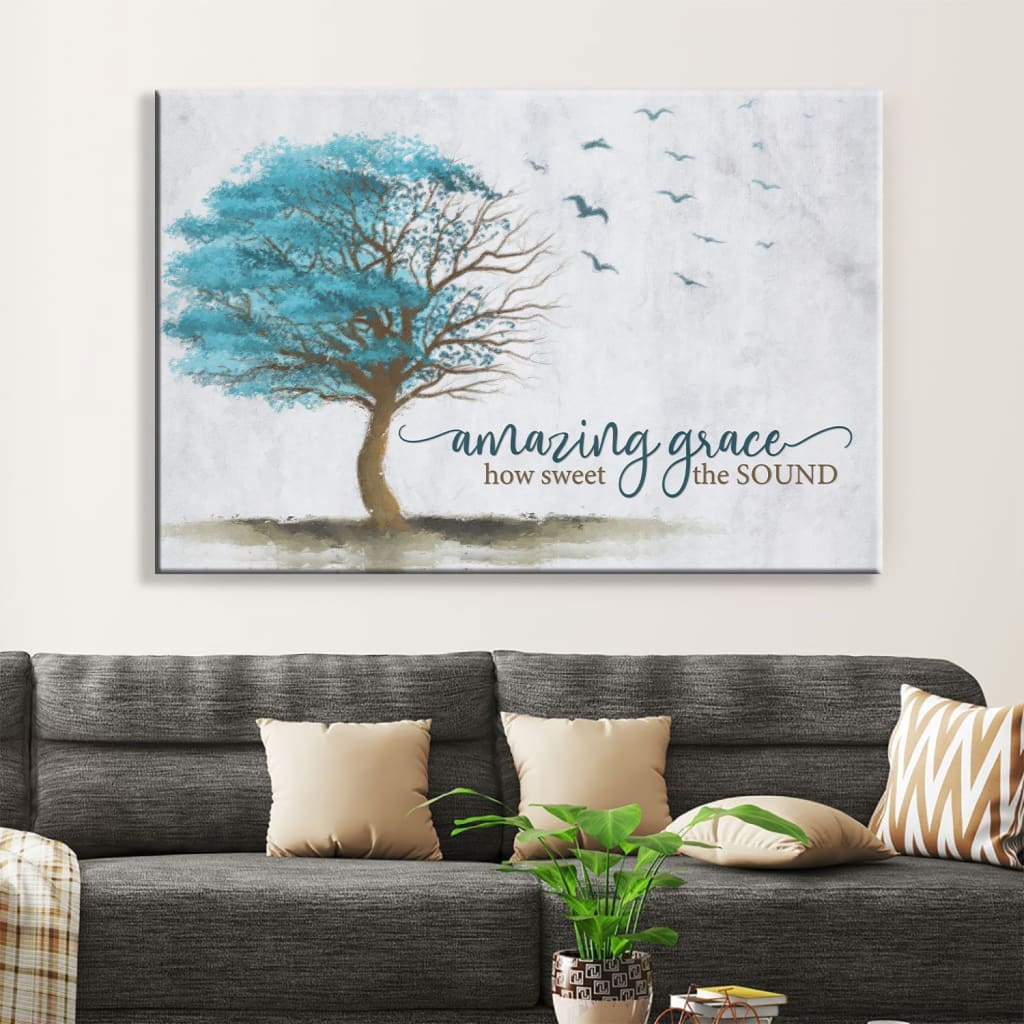 Amazing Grace How Sweet The Sound, Birds Flying Tree, Christian Wall Art Canvas