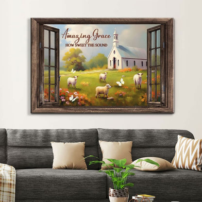 Christian Wall Art - Amazing Grace How Sweet the Sound Canvas, Sheep, Church in Field